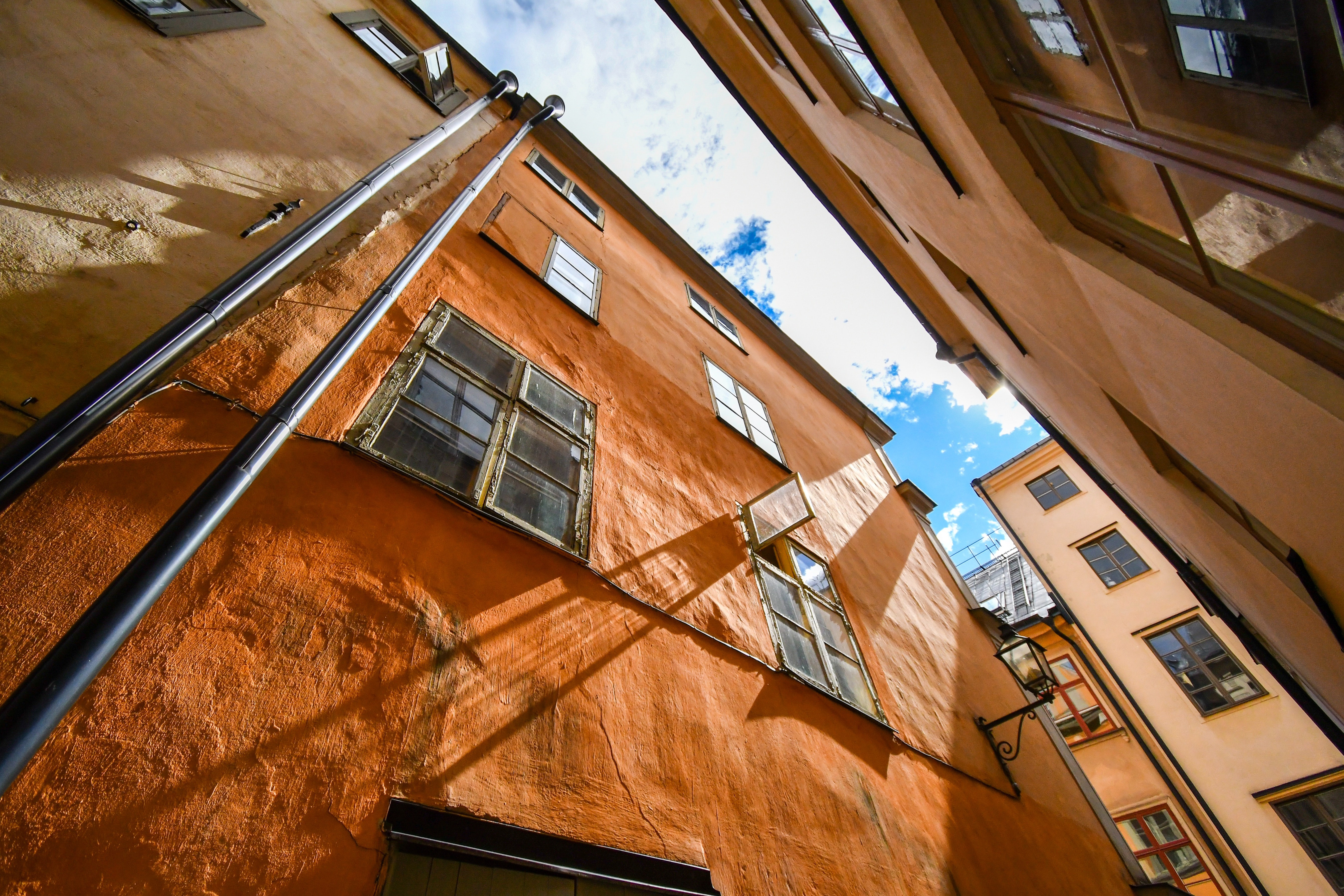 Buildings in the Old Town, Stockholm from a frog perspective.