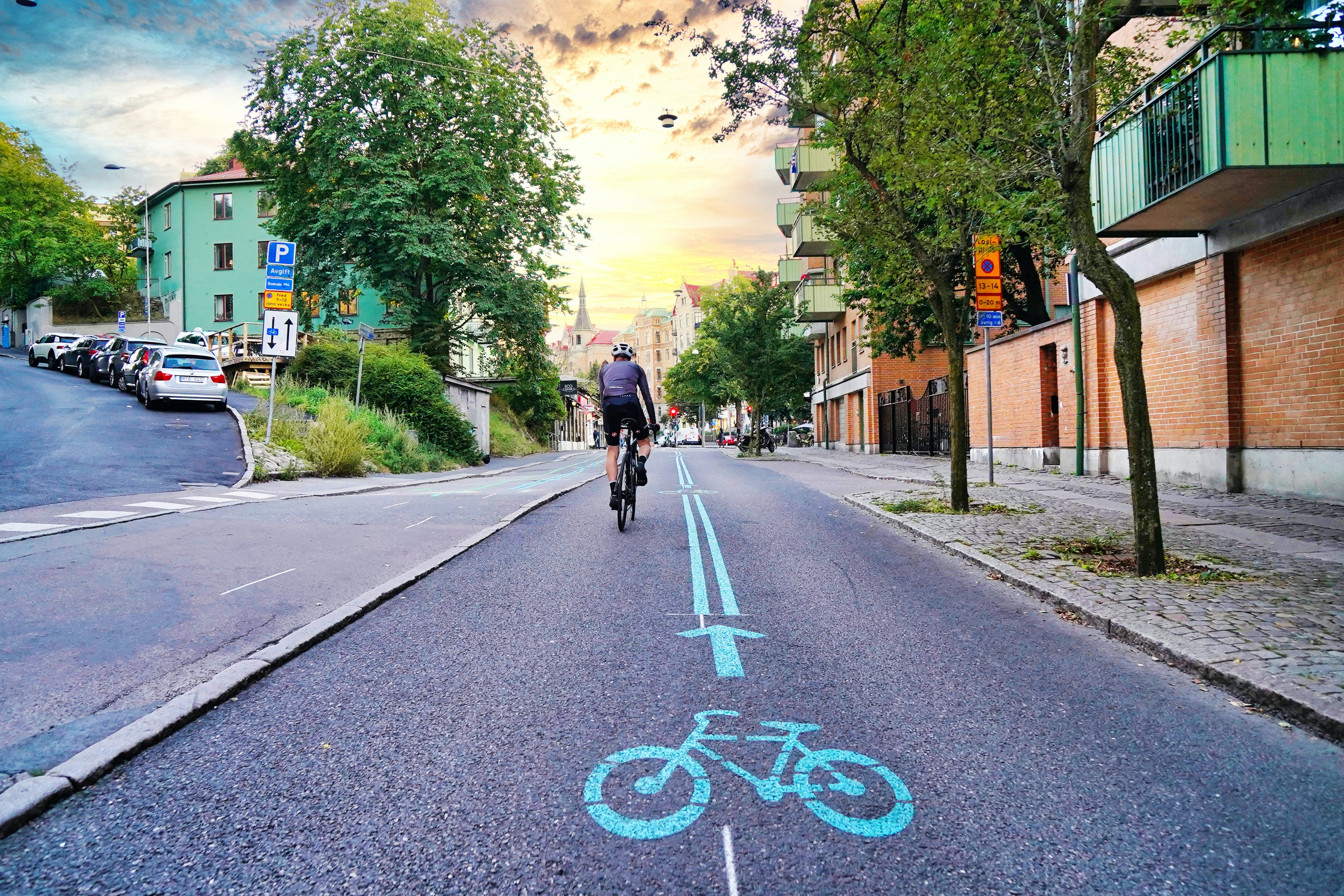 Cyclist on cycle path in Gothenburg